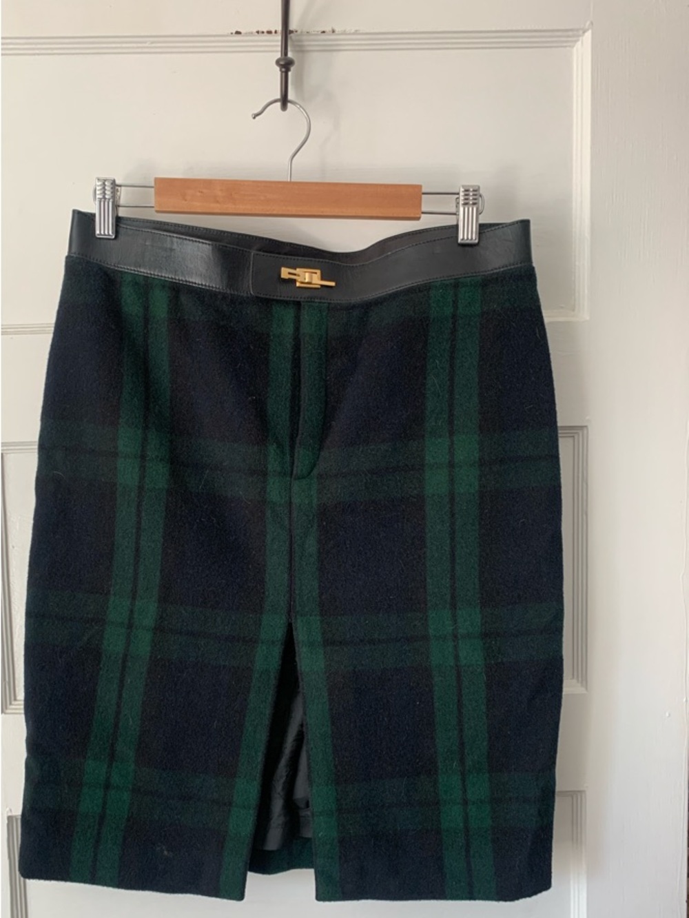 Ralph Lauren USA Navy and Green Plaid Wool Pencil Skirt with Leather Trim